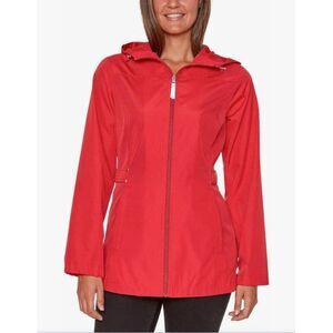 Jones New York Women Red Hooded Raincoat Parka / Windbreaker Size L